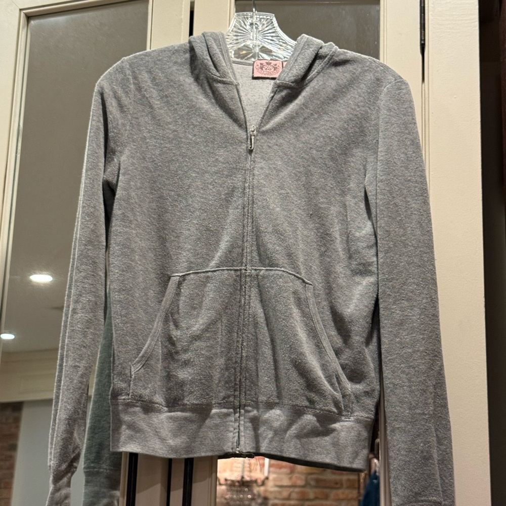 Y2K JUICY COUTURE ZIP HOODIE —MADE IN USA GOTHIC JUICY BACK LOGO (L - fits XS/S)